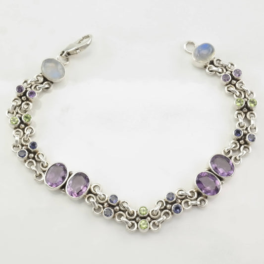 Nicky Butler Sterling Silver Link Bracelet Amethyst, Moonstone, Peridot