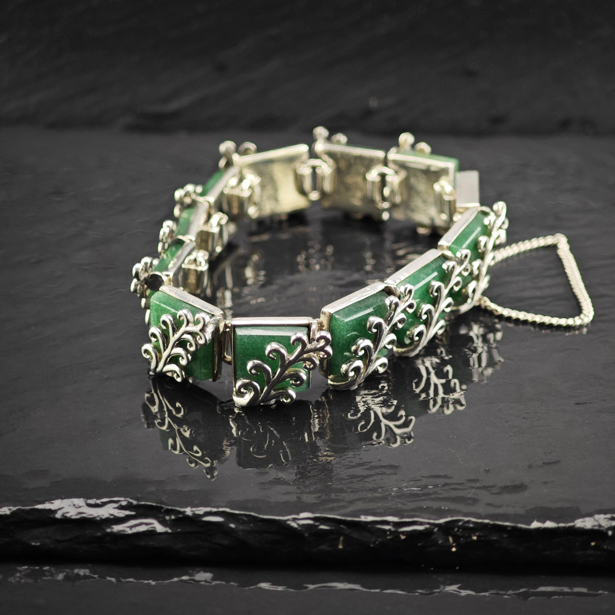 Antonio Pineda Green Gemstone Panel Link Bracelet Sterling Silver Sz 6 3/4" BR3171