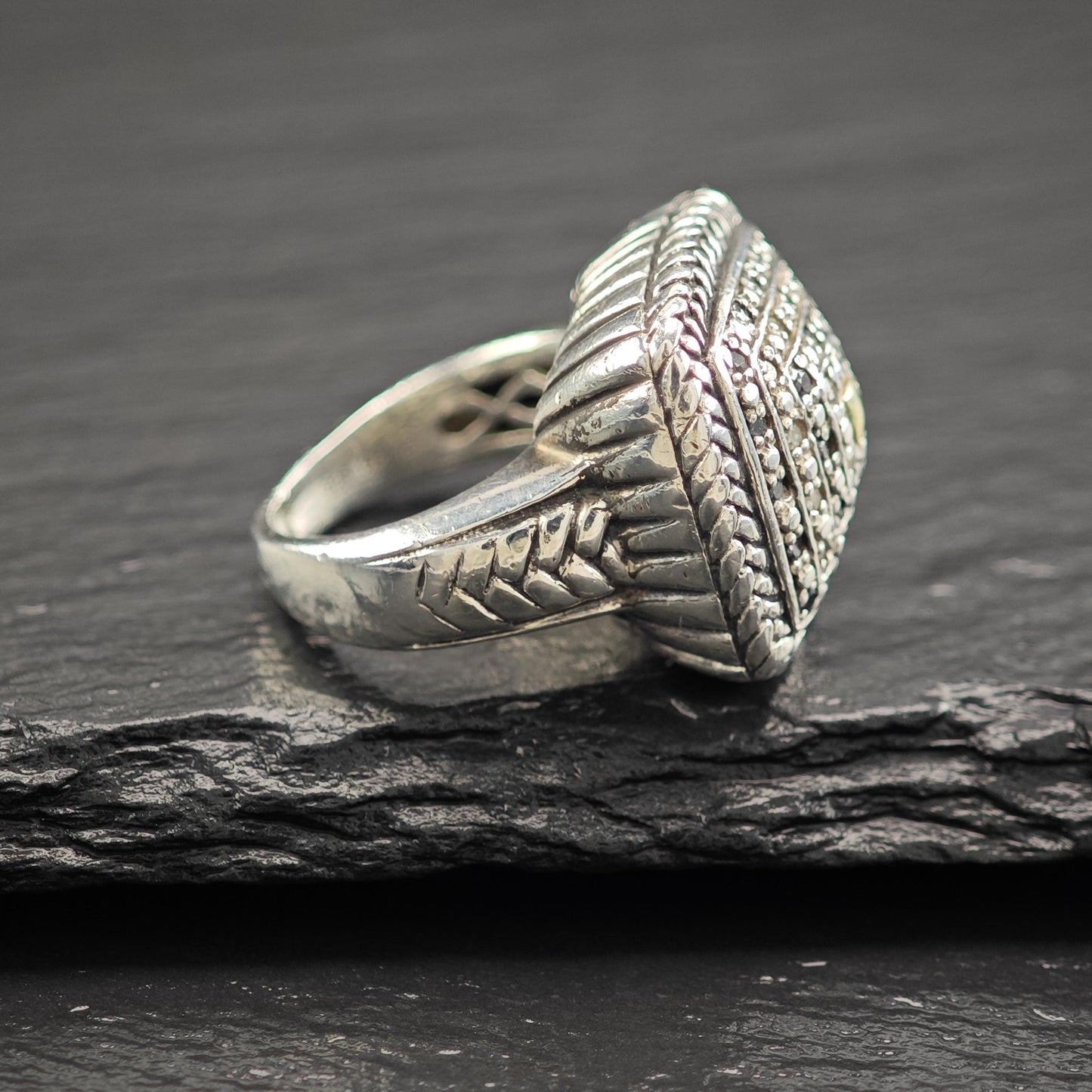 Ring Sterling Silver Squared Dome Black And White Diamond 14K Gold Accent R5843