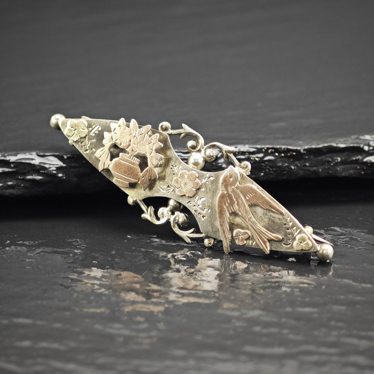 Rose Gold Accent Bird & Flower Brooch Sterling Silver B2243