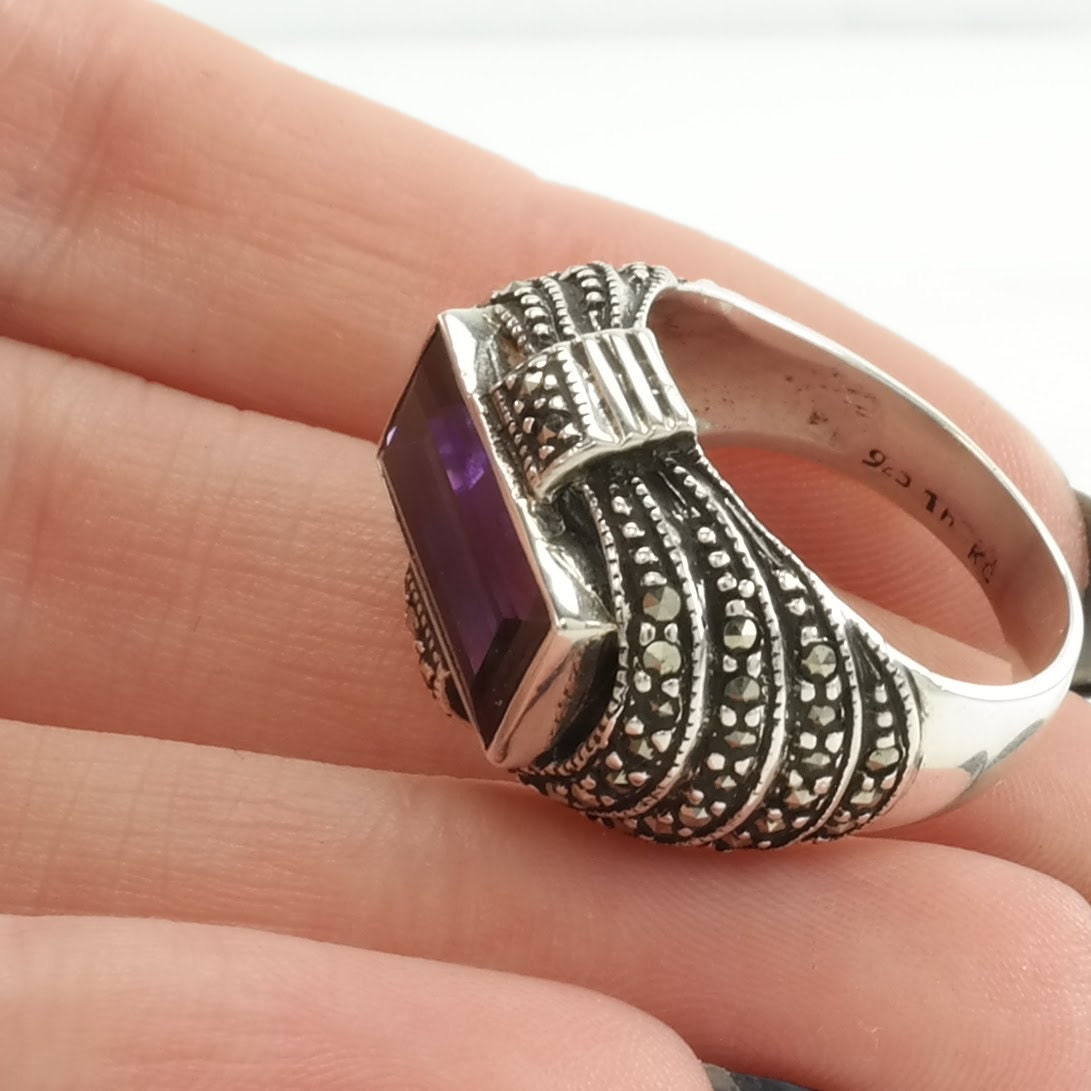 Vintage Sterling Silver Ring Purple Gemstone Art Deco Style Size 7