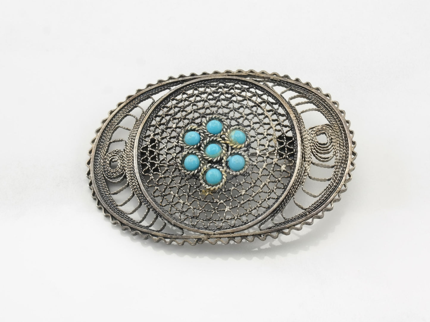 Vintage Filigree Turquoise Brooch Sterling Silver