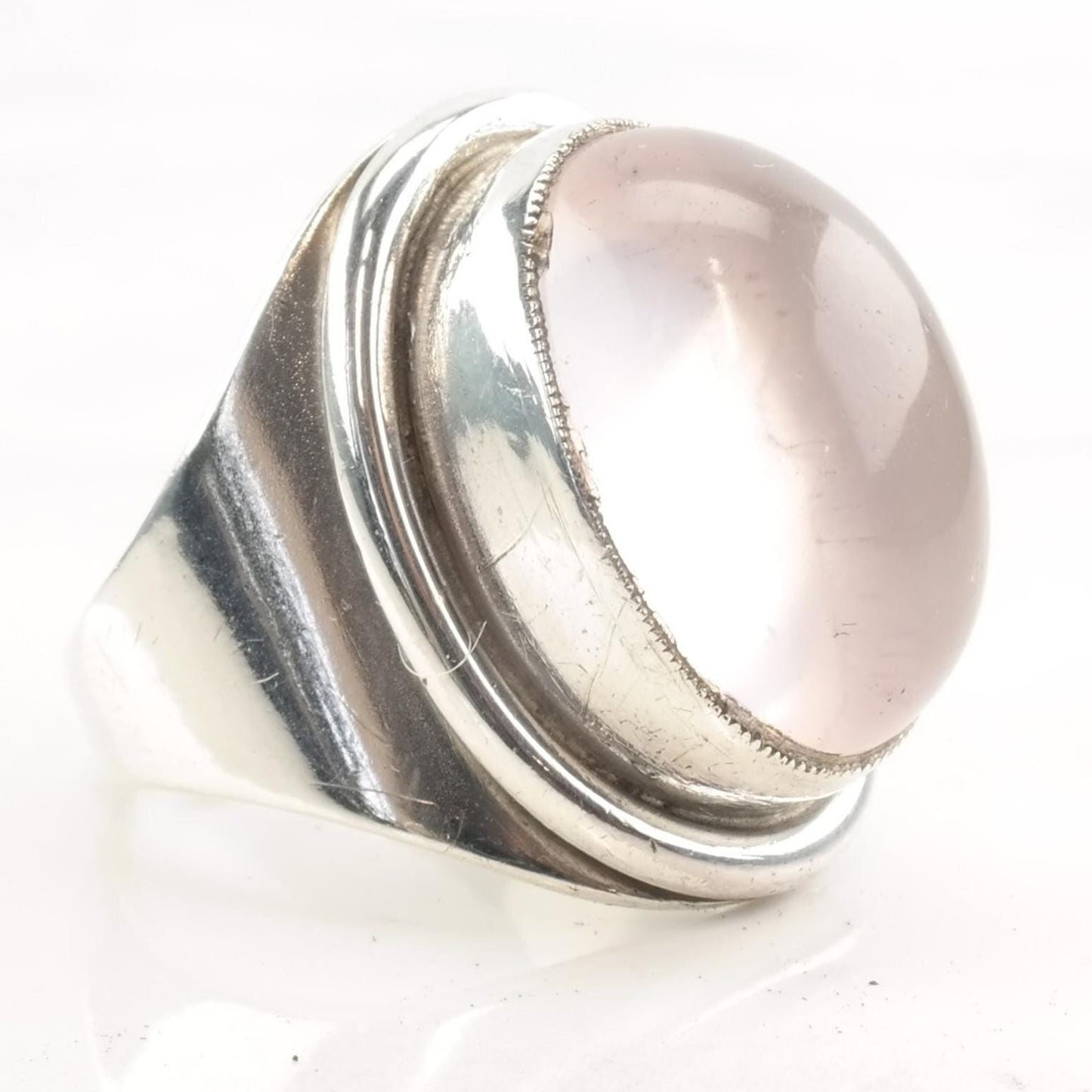 Vintage European Modernist Silver Ring Rose Quartz Size 6 3/4