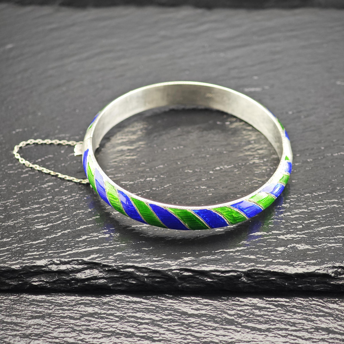 Blue, Green Striped Enamel Sterling Silver Bangle Bracelet Sz 7 1/4" BR3189