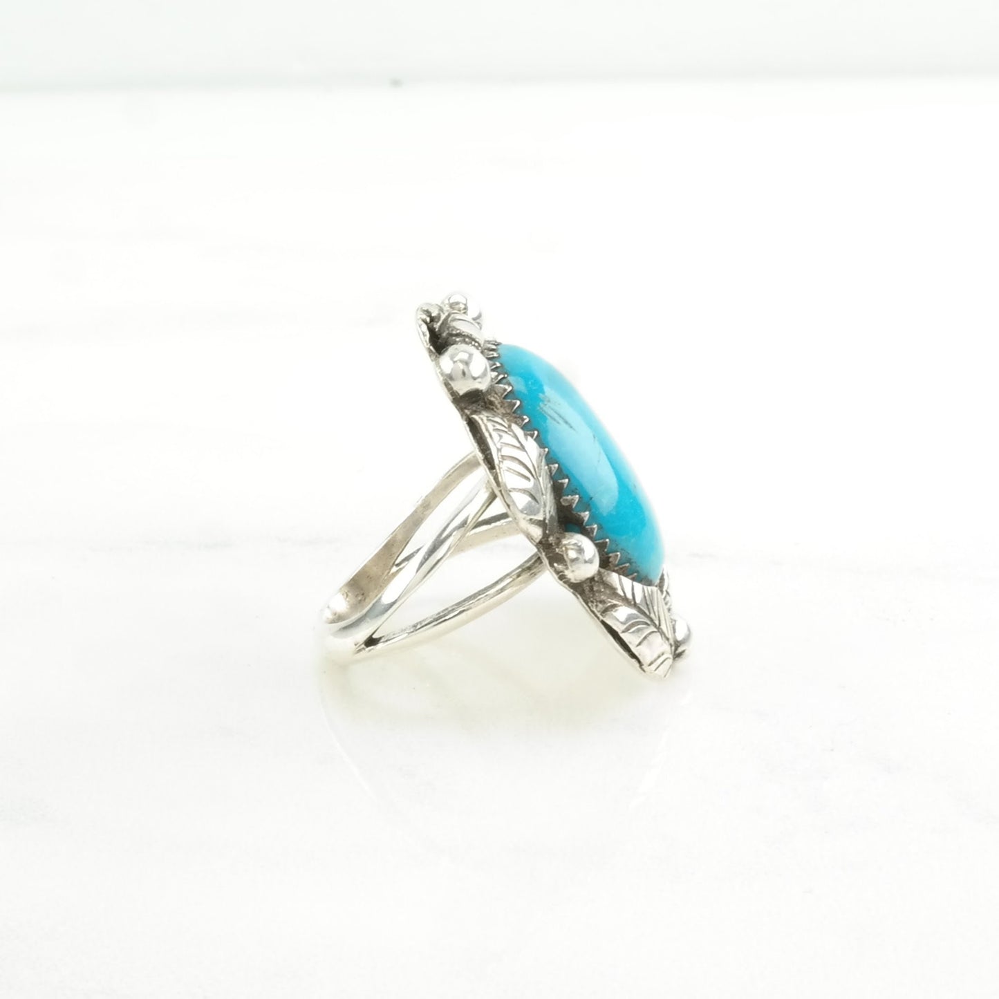 Native American Silver Ring Turquoise Leaf, Large Sterling Blue Size 6 1/2