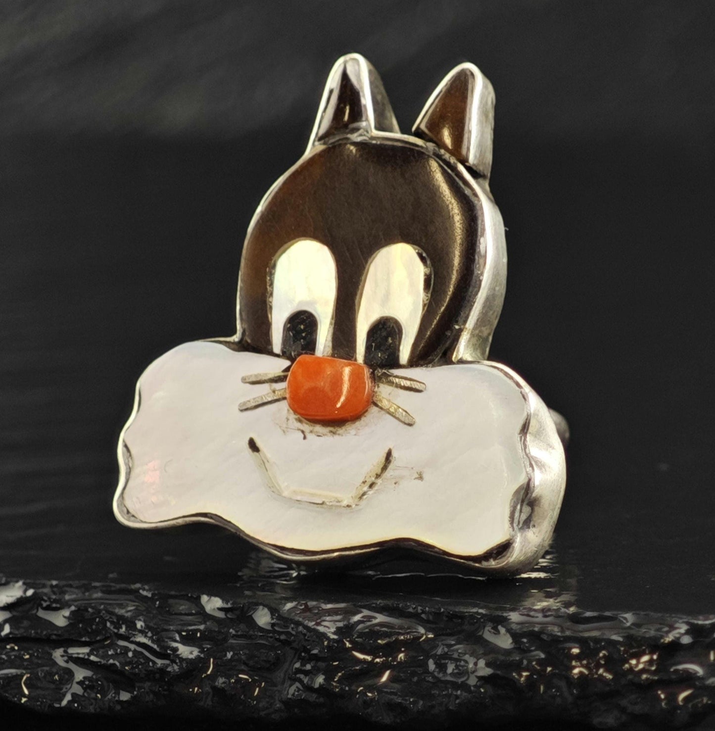 Perry Spencer Navajo Cartoon Cat Inlay Sterling Silver Ring Sz 6 1/4 R6568