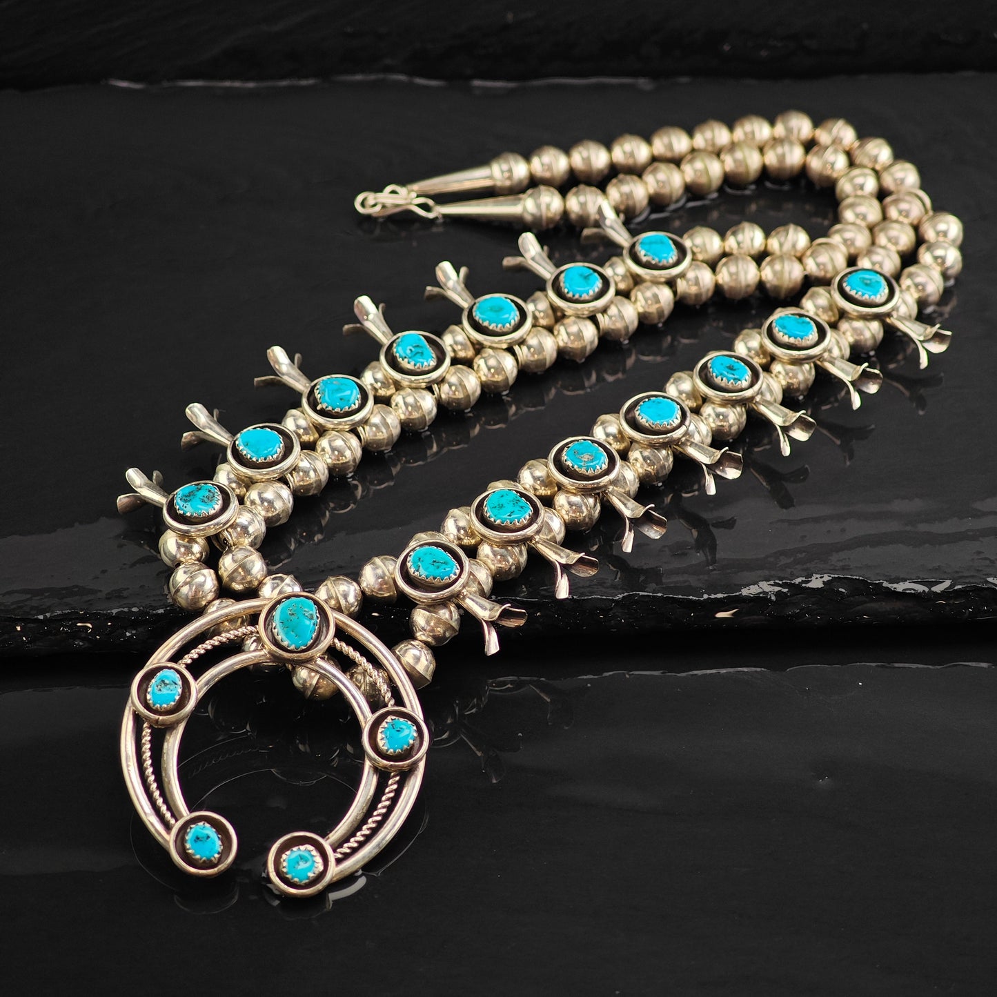 Vintage Native American Turquoise Sterling Silver Squash Blossom Necklace N2721