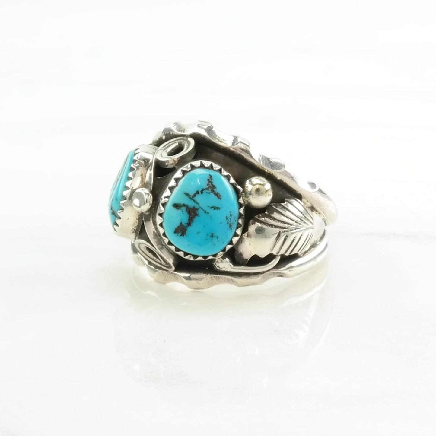 Native American Silver Ring Turquoise Leaf Sterling Blue Size 12 3/4