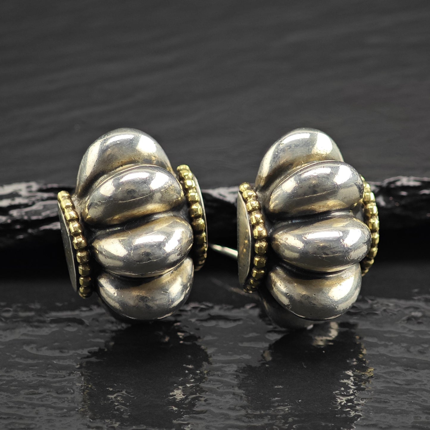 18K Gold Accent Scalloped Stud/Omega Back Sterling Silver Earrings ER3124