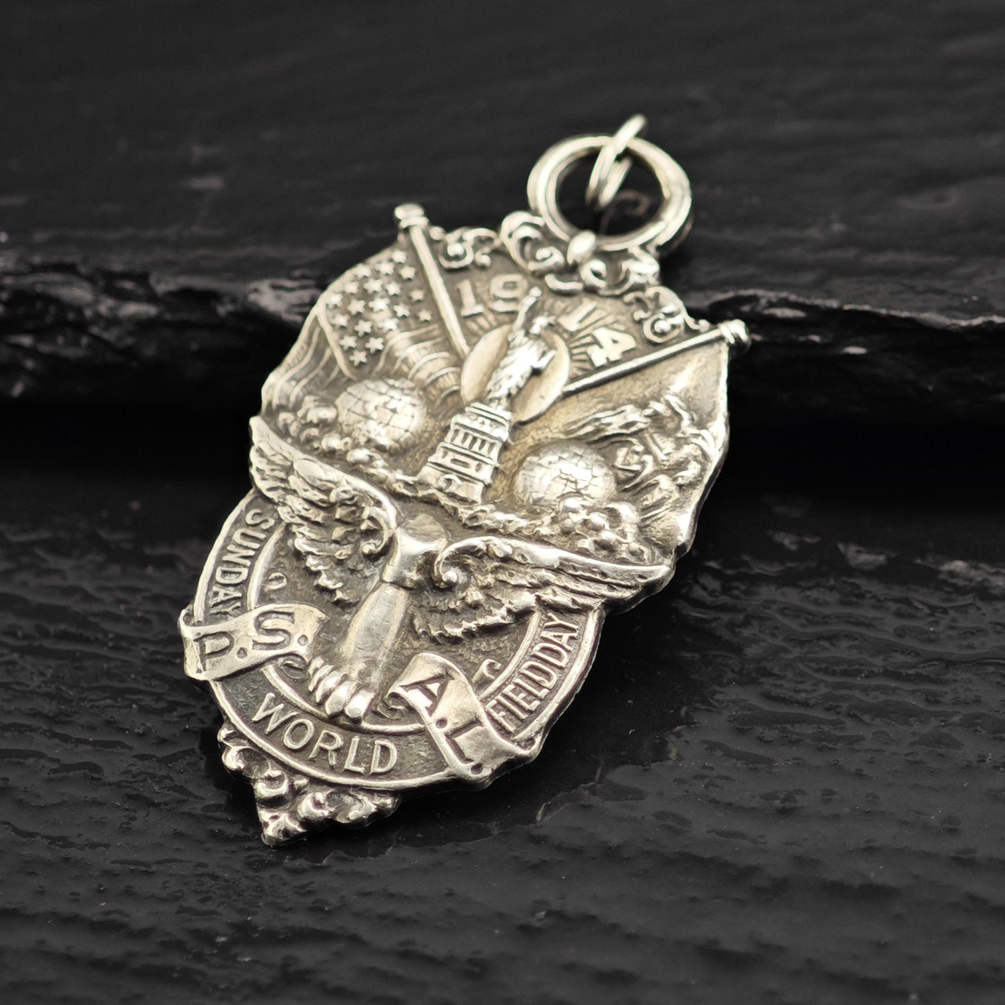 Antique 1914 Sunday World New York City Track Medal Sterling Silver Pendant P3068