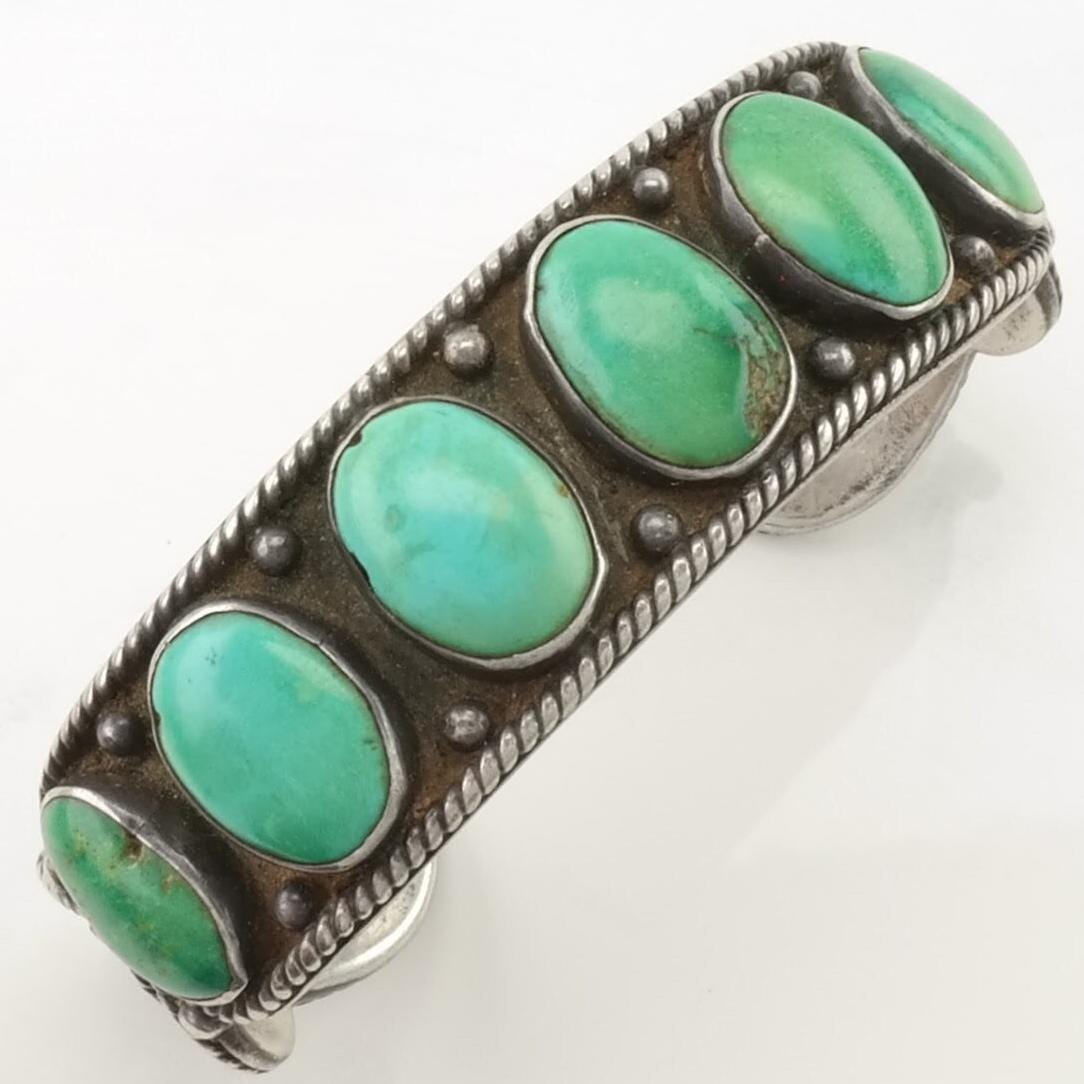 Ingot Silver, Native American Sterling Silver Cuff Bracelet Green, Blue Turquoise 5 Stone