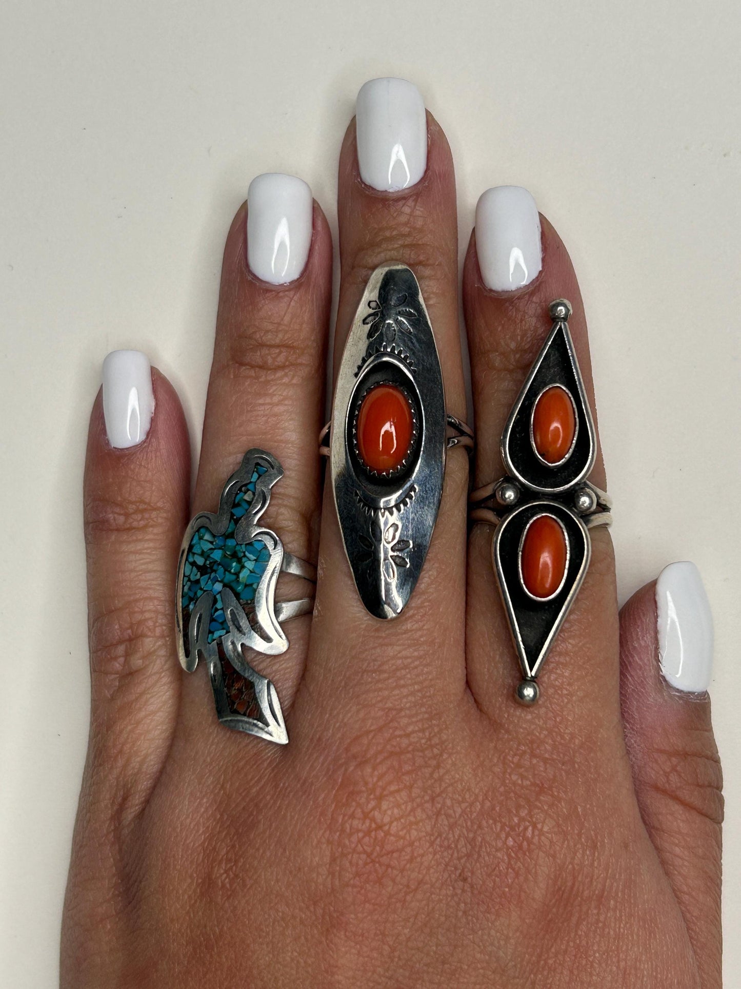 Native Red Coral, Shadow Box, Long Sterling Silver Ring Sz5 3/4 R5574