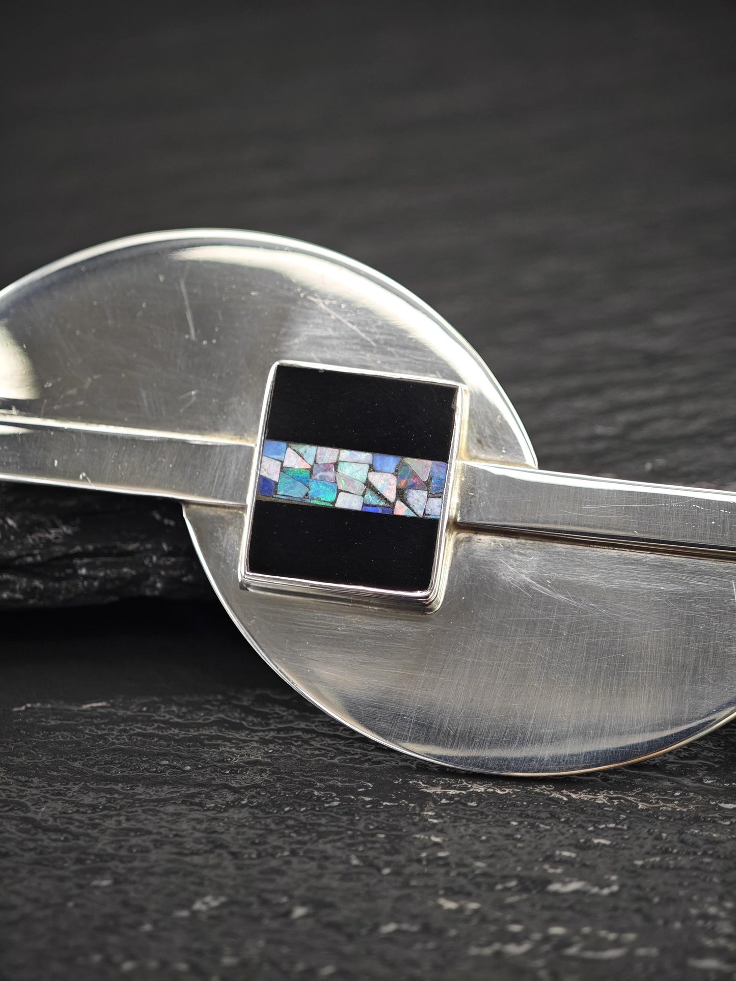 Modernist Opal, Onyx Brooch Sterling Silver