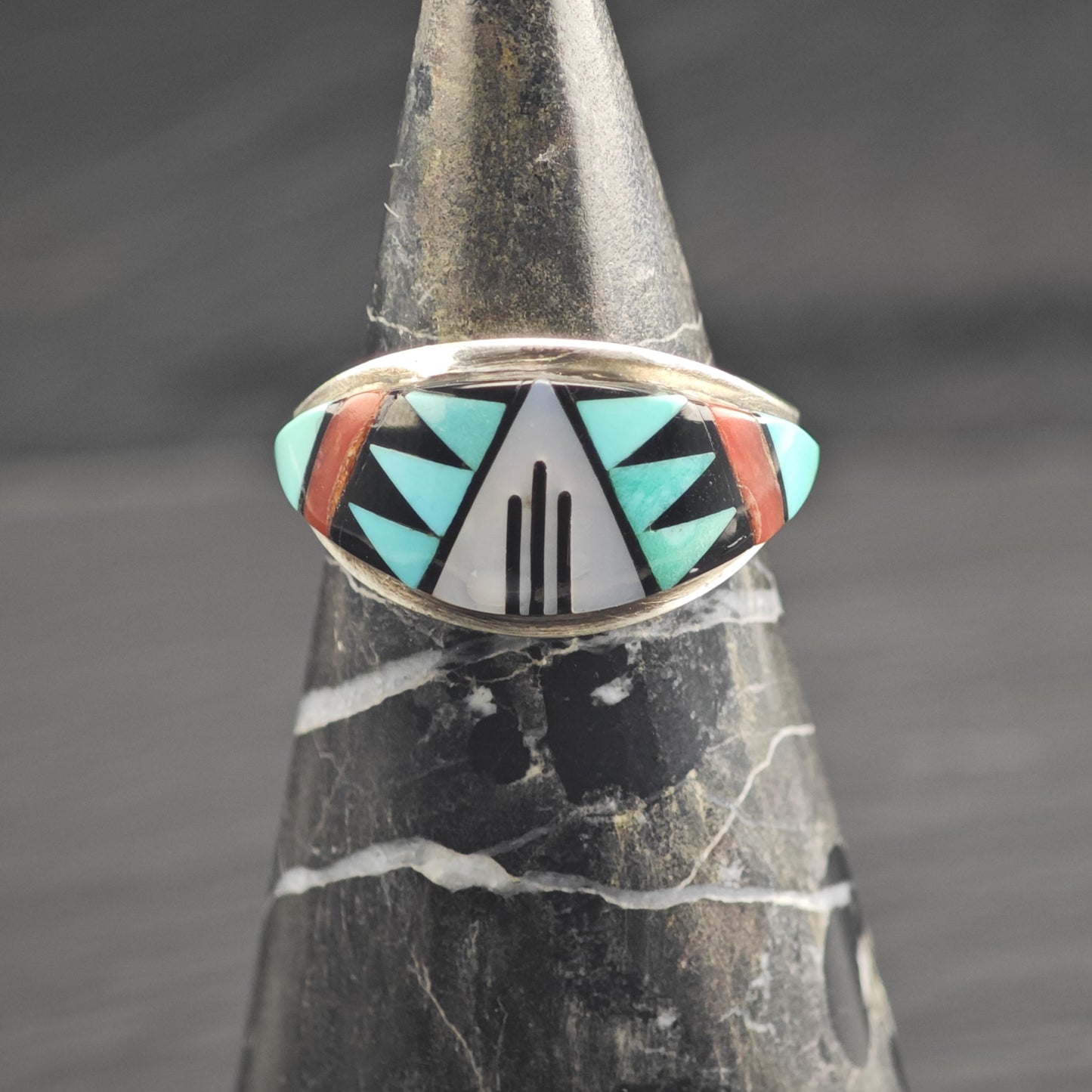 Vintage Zuni Multistone Inlay Band Sterling Silver Ring Sz 7 1/2 R6664
