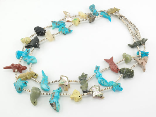 Vintage Zuni Turquoise, Multi Gem, Animal Carvings, Heishi, Bead, Sterling Silver Necklace