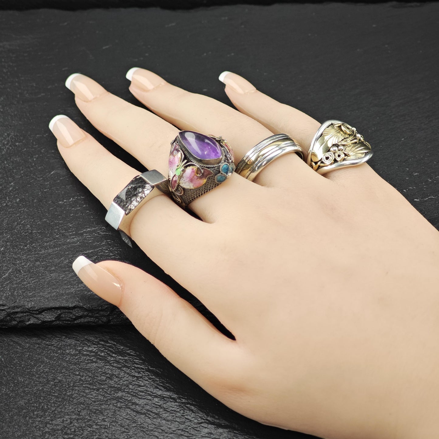 Black Rutilated Quartz Abstract Ring Sterling Silver Sz 8