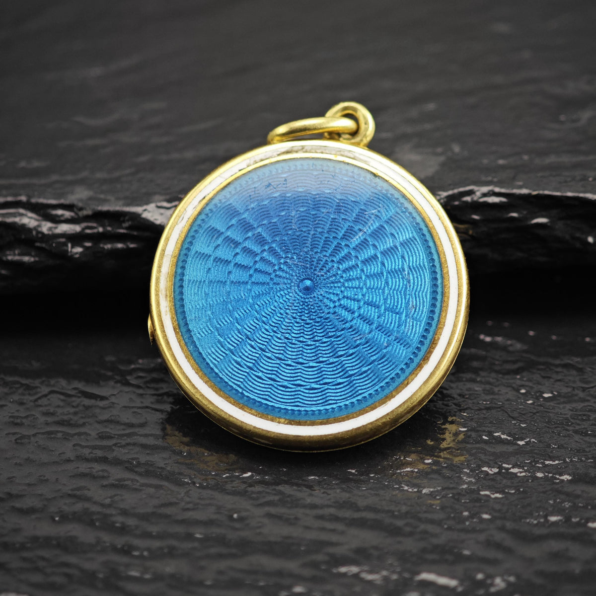 Antique Blue Enamel 14K Gold Locket Pendant Engraved R.K. P3105