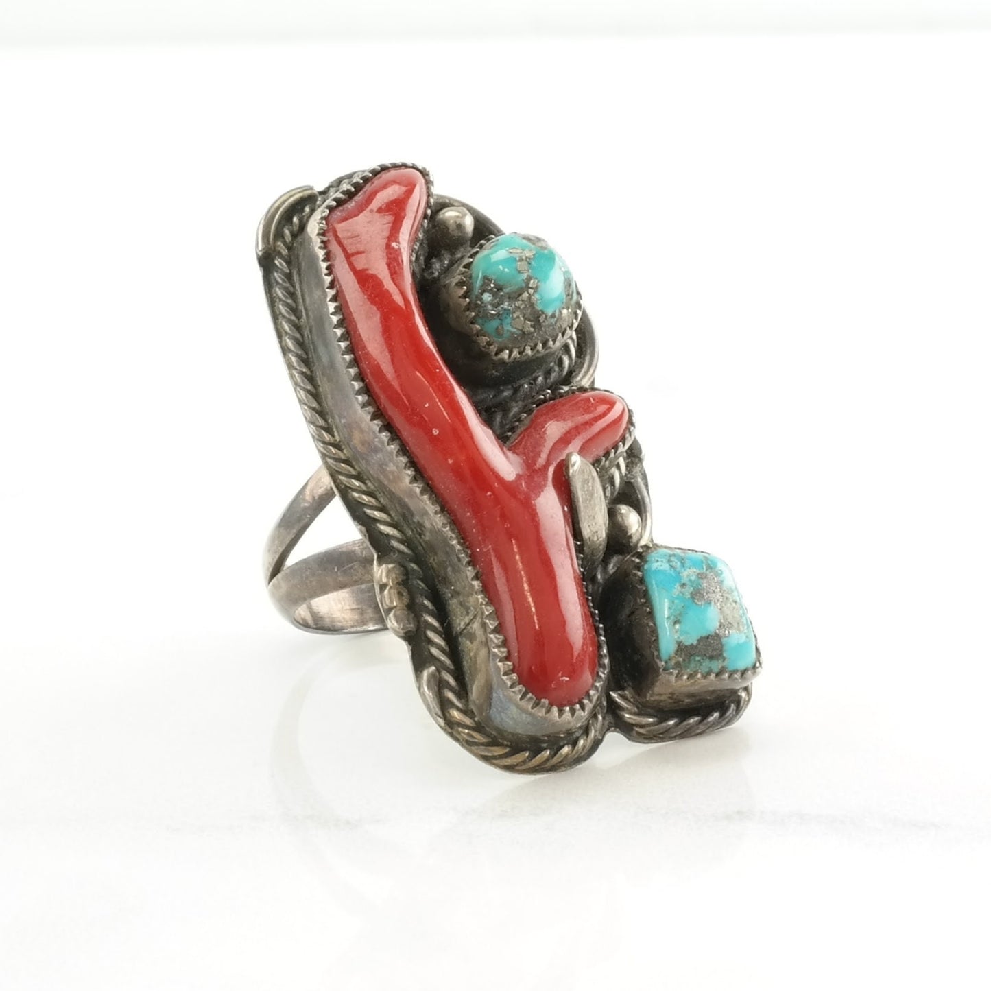 Native American Silver Ring Turquoise, Coral Sterling Blue, Red Size 7