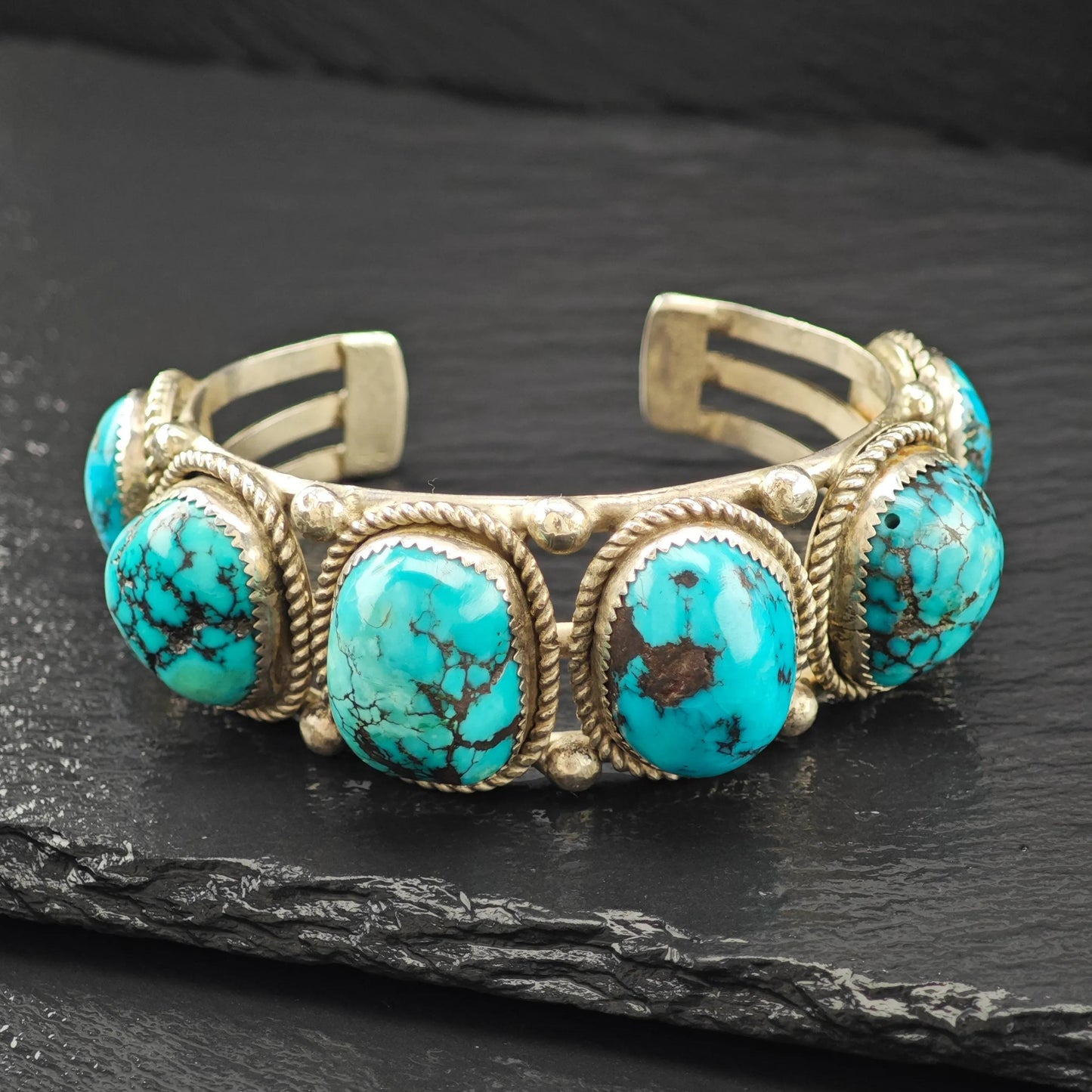 Vintage SW Six Spiderweb Turquoise Row Cuff Bracelet Sterling Silver Sz 6 1/2"