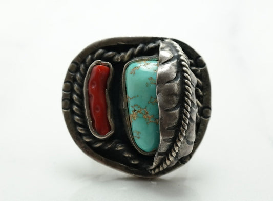 Native American Ring Turquoise Coral Leaf Sterling Silver Size 7 1/4