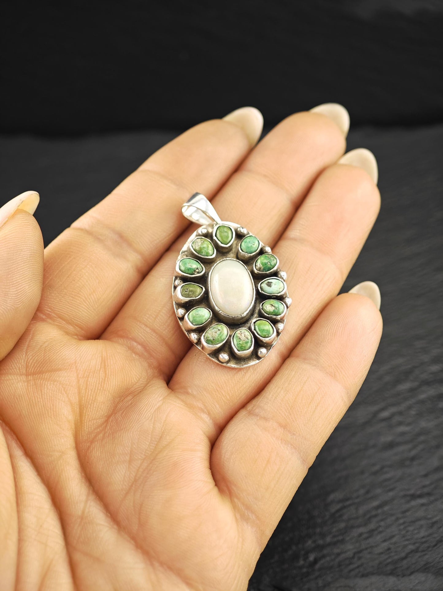 Natural Opal, Green Turquoise Pendant Sterling Silver P2734