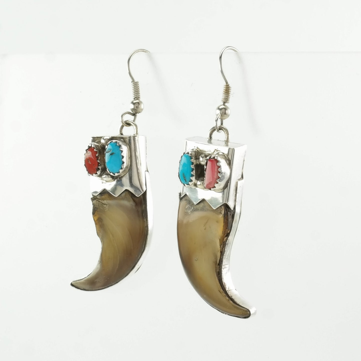 Native American Sterling Silver Turquoise, Coral Earrings Fish hook