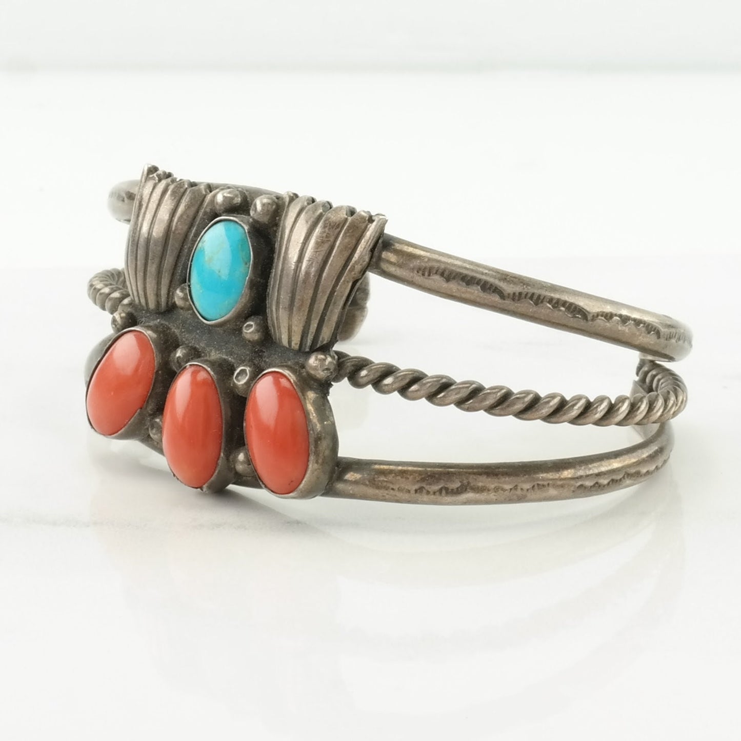 Native American Sterling Silver Cuff Bracelet Red, Blue Coral, Turquoise