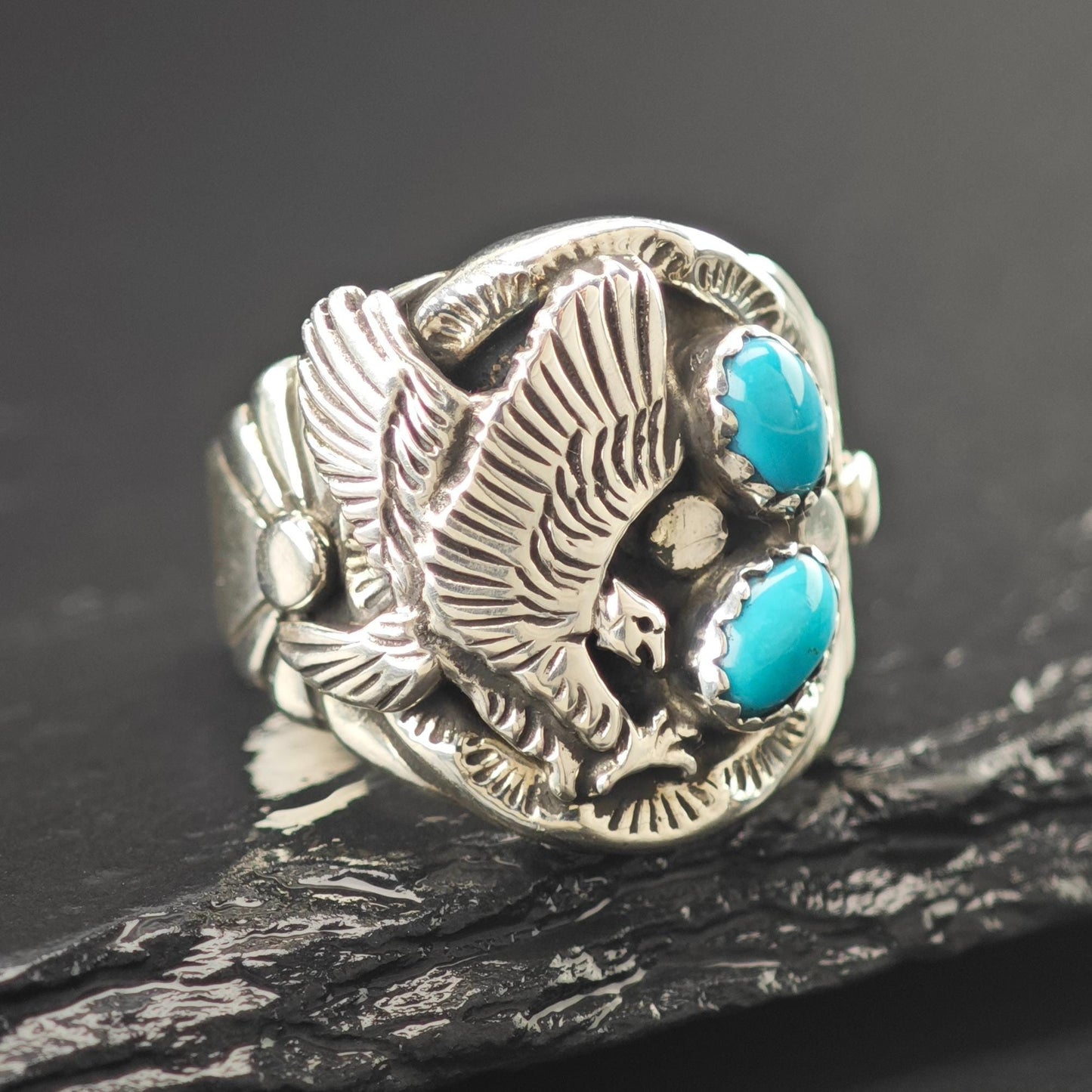 Native American Eagle Block Turquoise Ring Sterling Silver