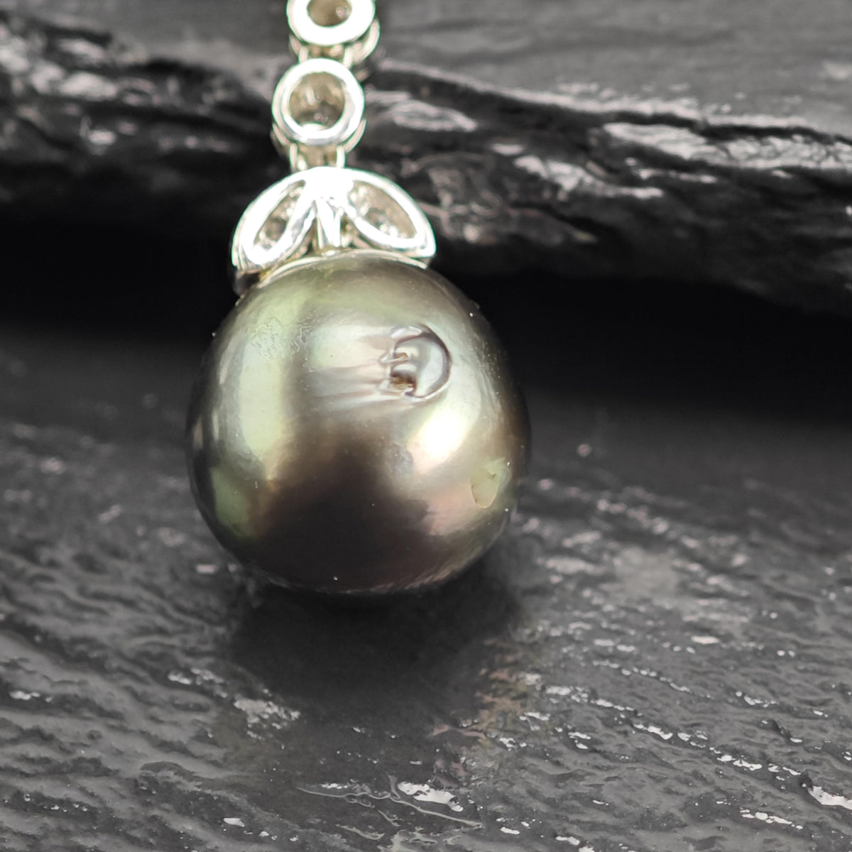 11mm Tahitian Pearl Diamond, 18K White Gold Stud/Dangle Earrings ER3220