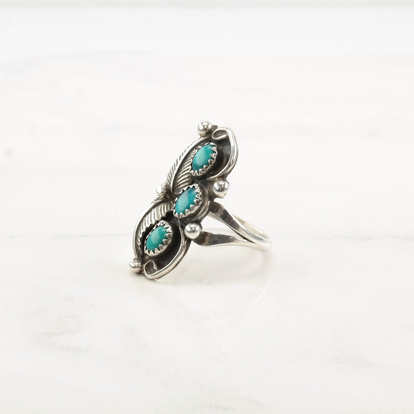 Vintage Native American Silver Ring Turquoise Leaf Sterling Size 8 1/4