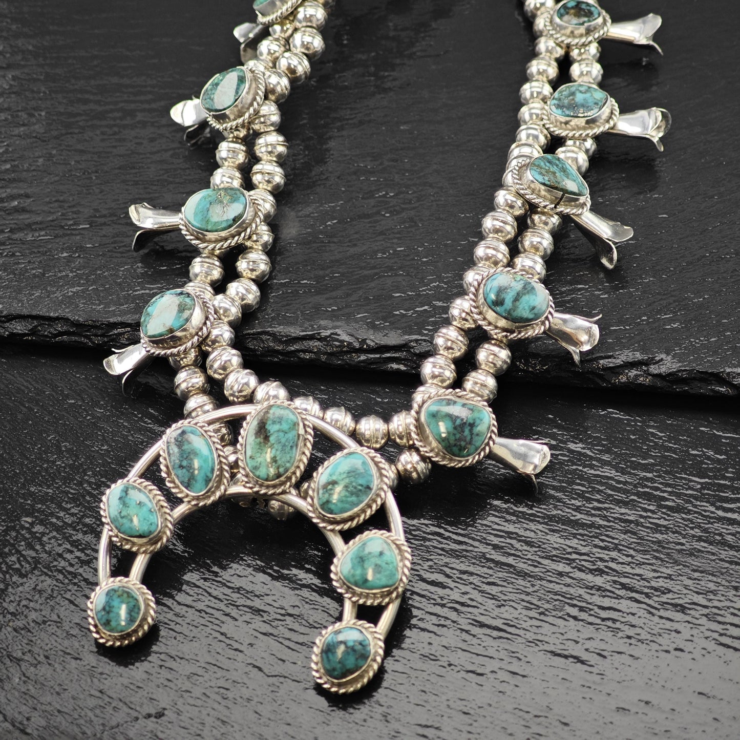 Sw Sterling Silver Blue Turquoise Squash Blossom Necklace 25"