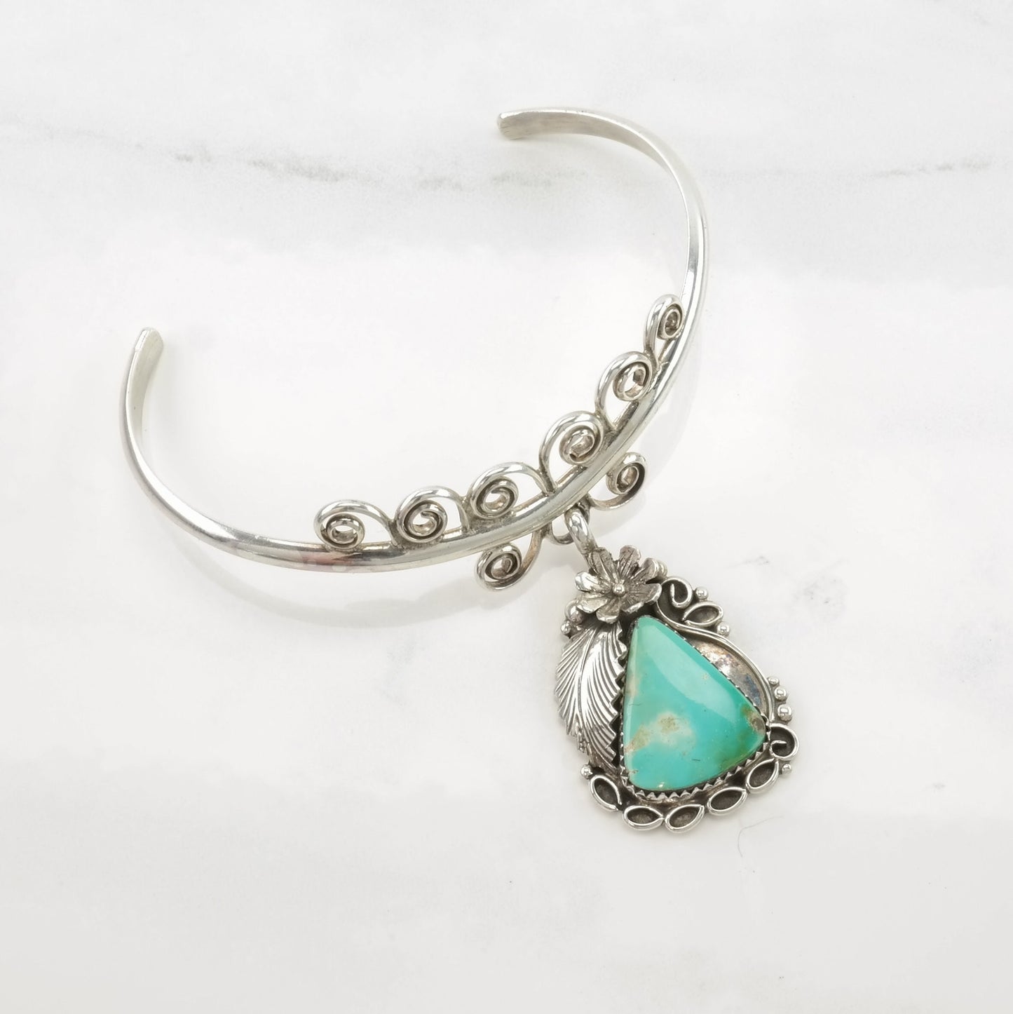 Morningstar Sterling Silver Cuff Bracelet Blue Turquoise Hanging Stone