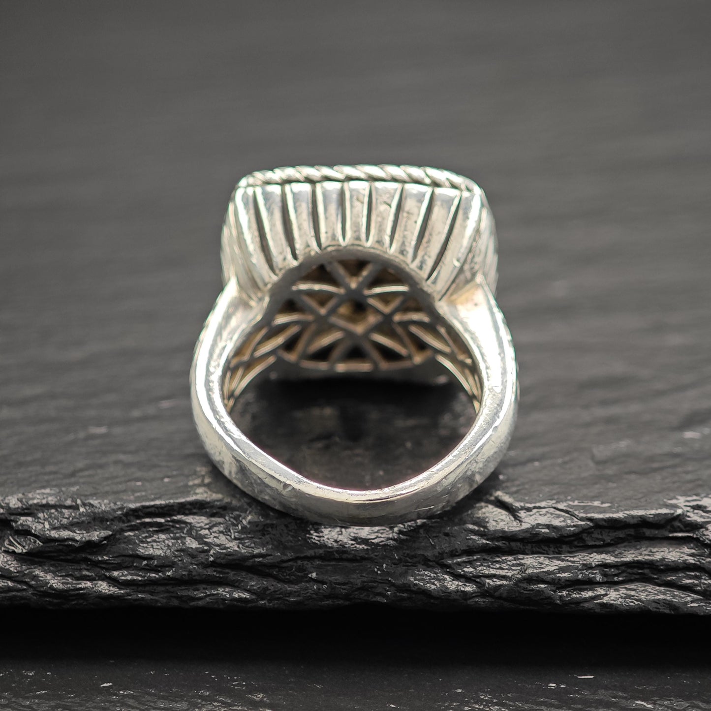 Ring Sterling Silver Squared Dome Black And White Diamond 14K Gold Accent R5843