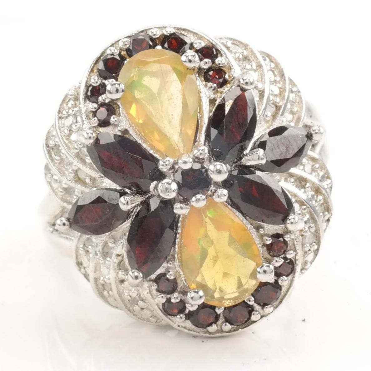 Vintage Silver Ring Opal Garnet Diamond Flower Size 7