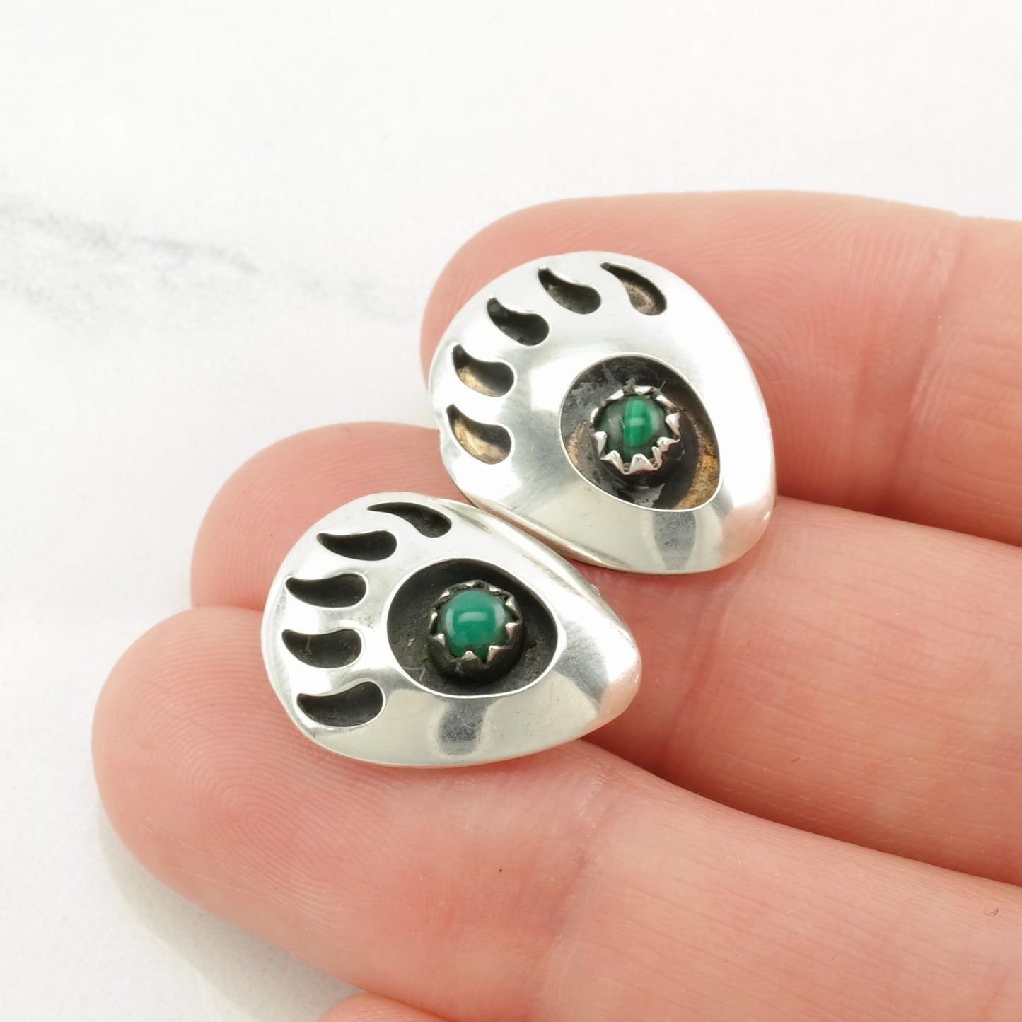 Southwest Sterling Silver Malachite Bear Paw Earrings Stud