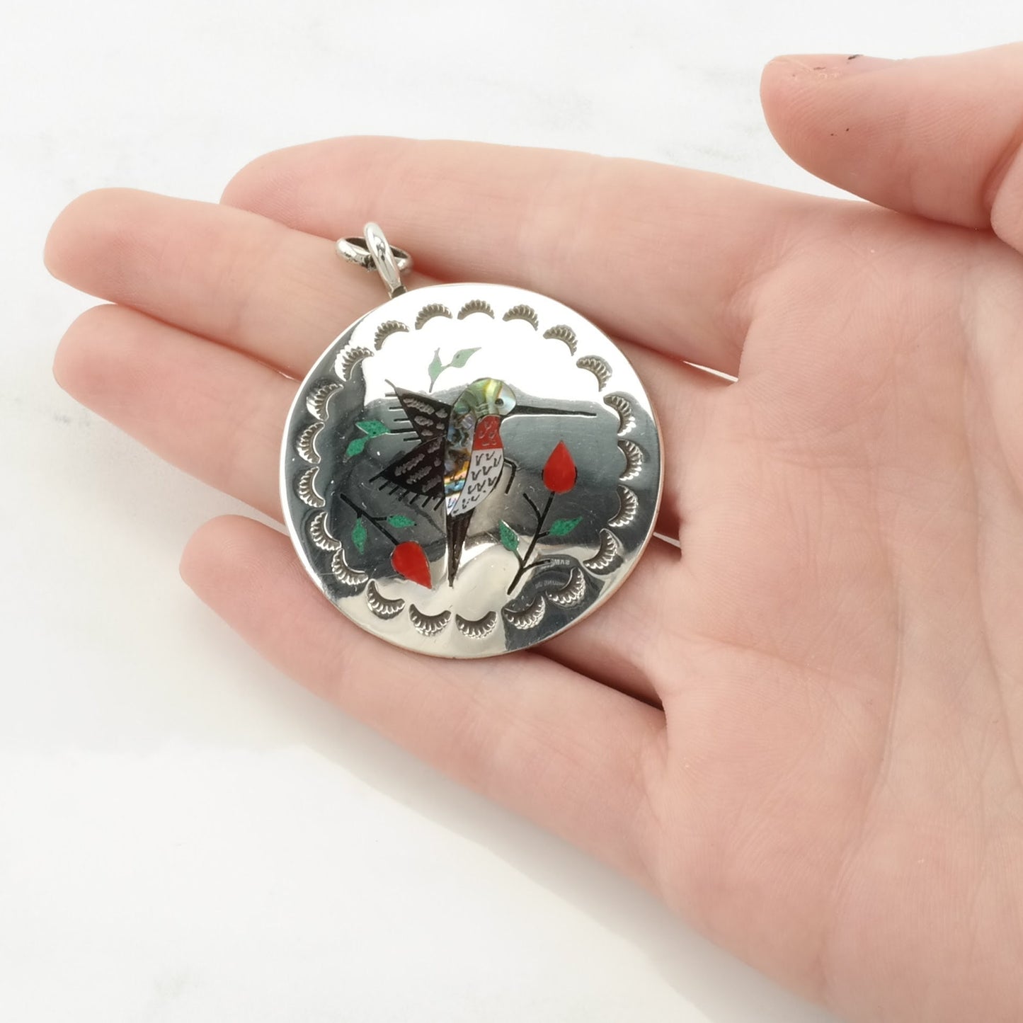 Native American Abalone, Onyx, Coral Inlay, Hummingbird Sterling Silver Pendant