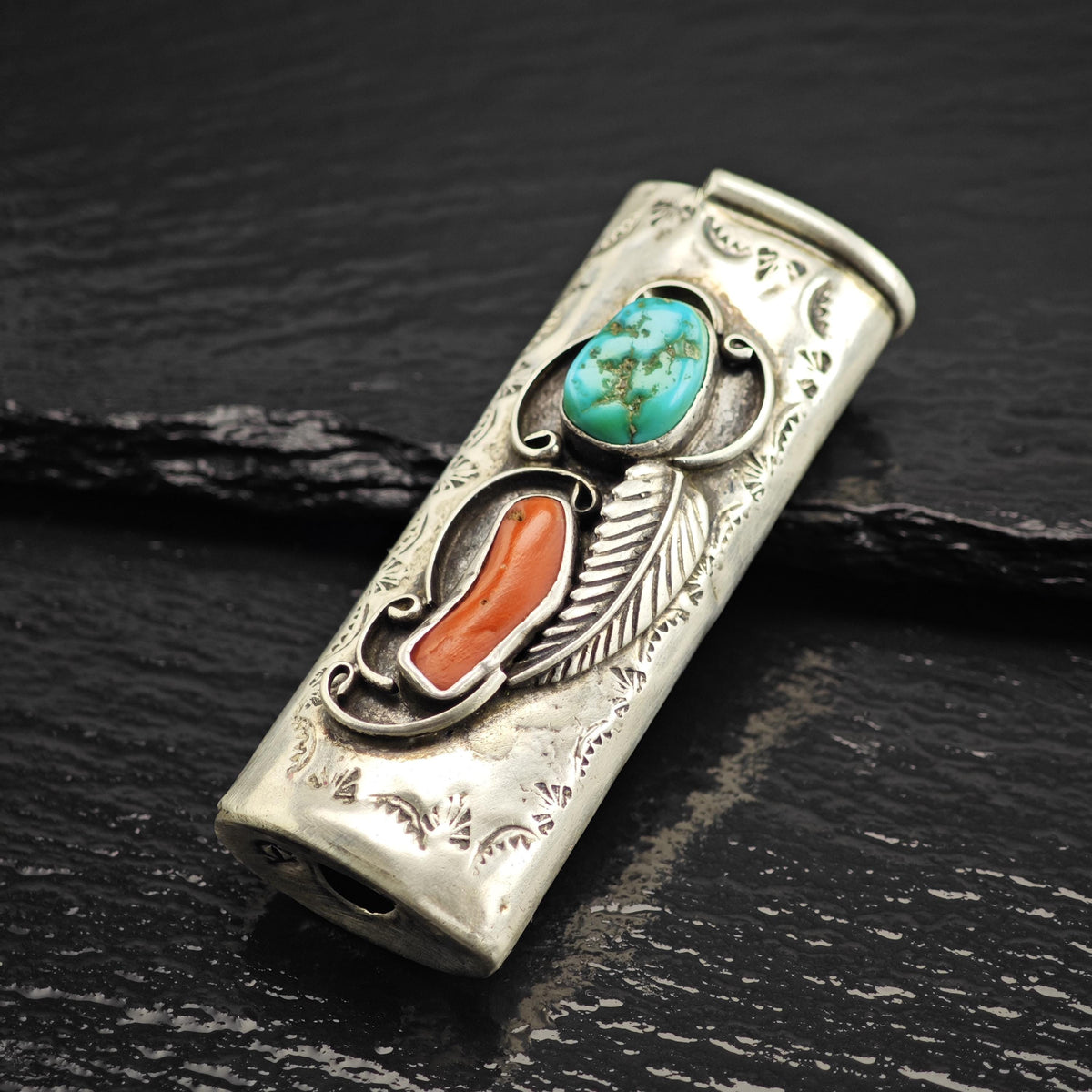 Native American Lighter Cover Turquoise Coral Feather Design Sterling Silver MISC0404