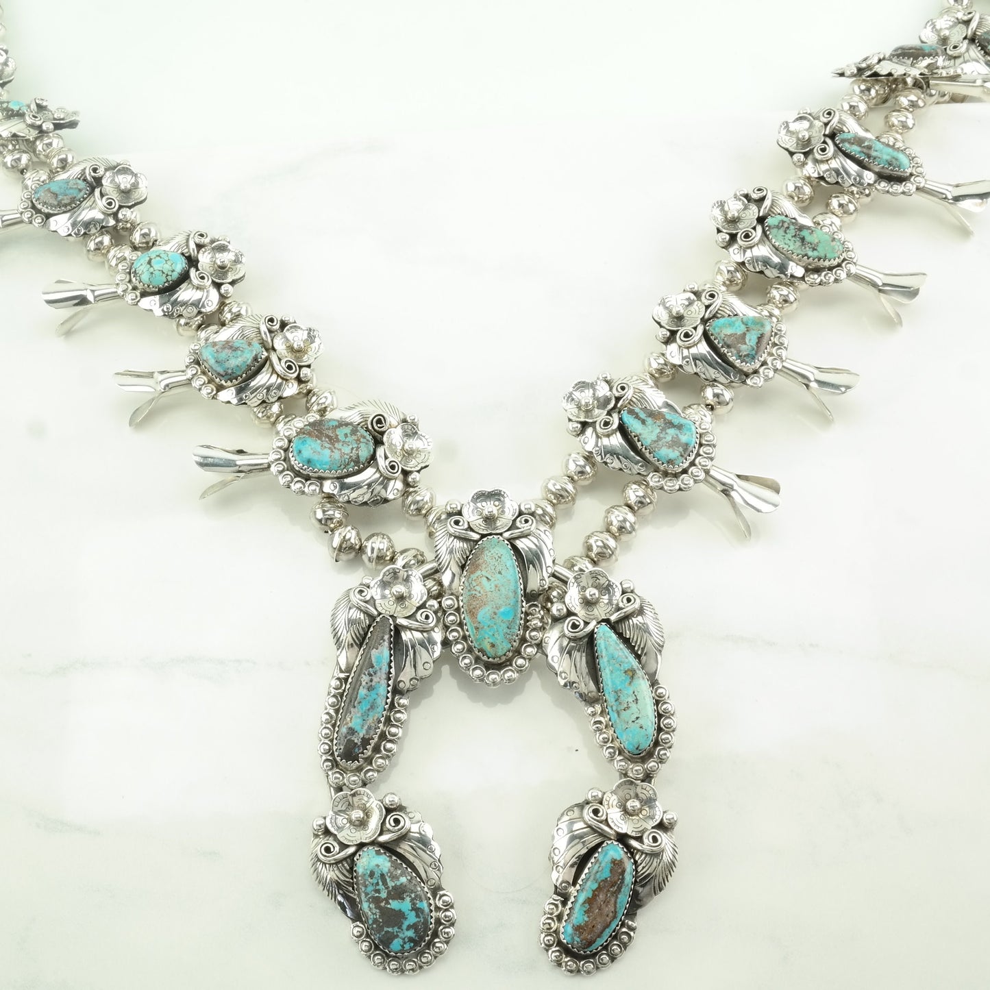 Vintage Native American Sterling Silver Blue Turquoise Floral Squash Blossom Necklace