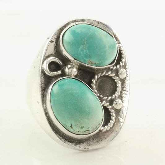 Vintage Southwest Sterling Silver Ring, Turquoise Two Stone Blue Size 10 1/4