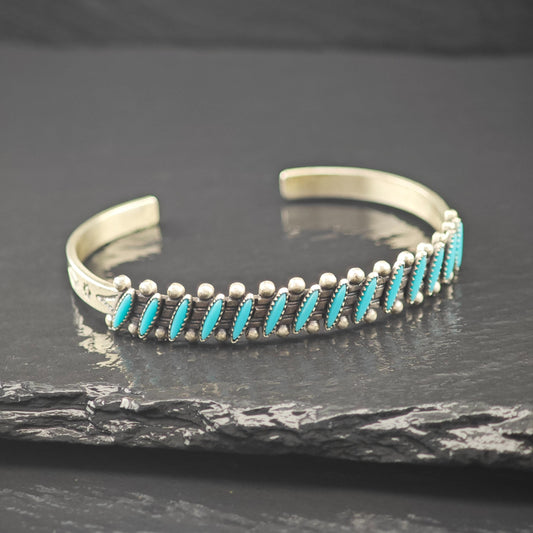 Sterling Silver Fred Harvey Era Block Turquoise Cluster Cuff Bracelet