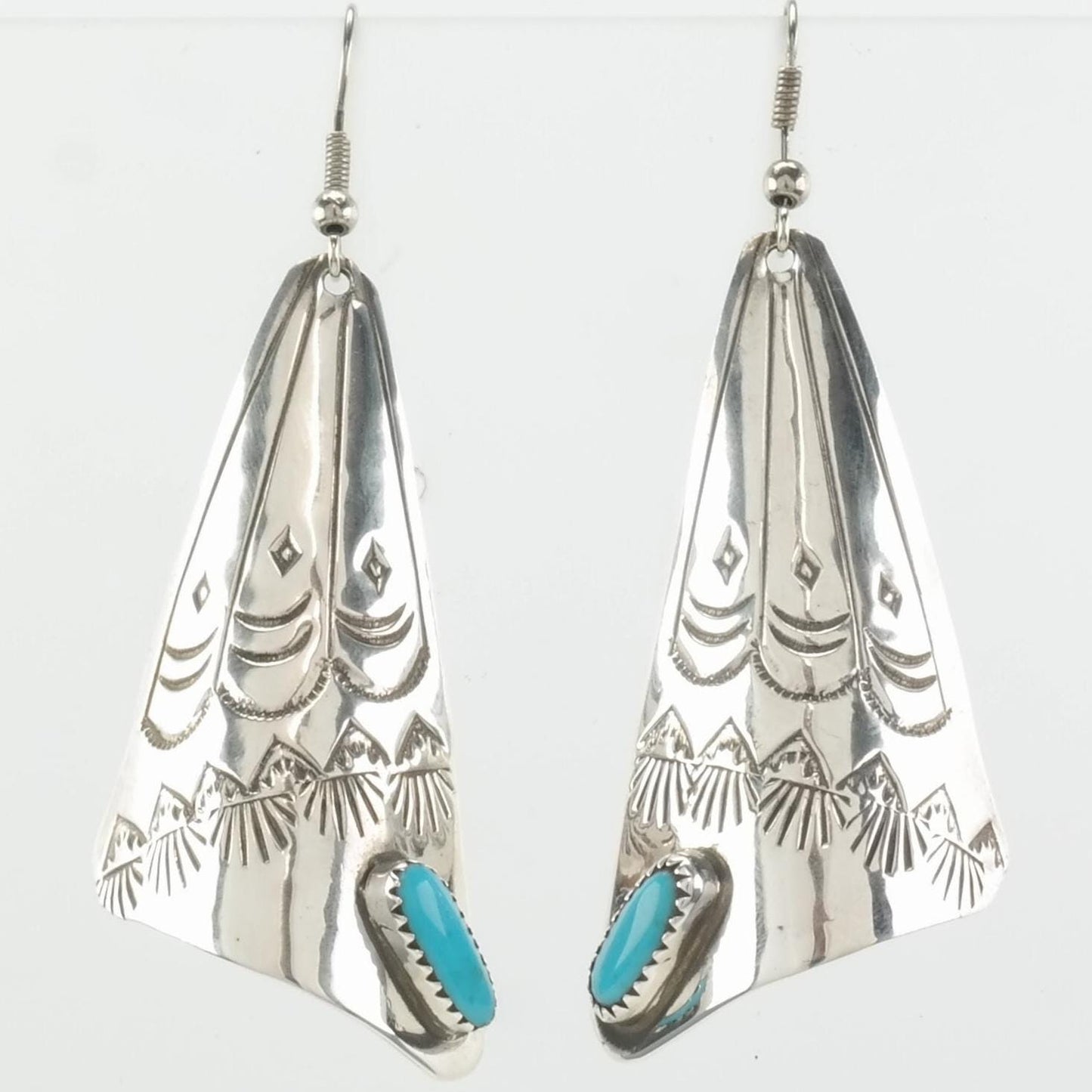 Native American Sterling Silver Blue Turquoise Stampwork Earrings Fish Hook, Dangle