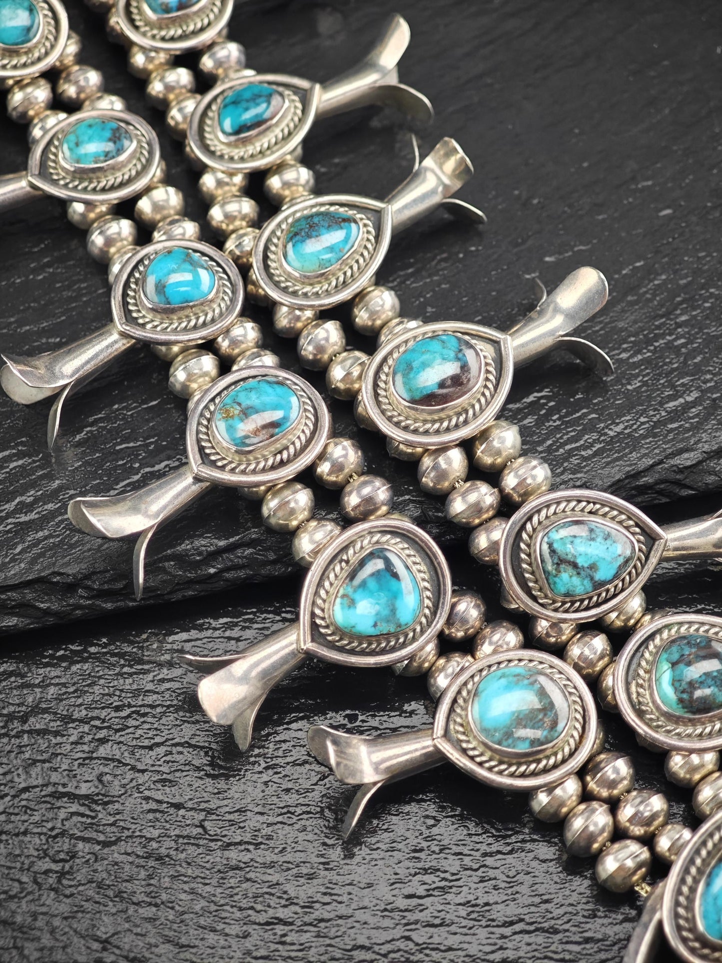 Native American Blue Smokey Bisbee, Large Squash Blossom Necklace Sterling Silver