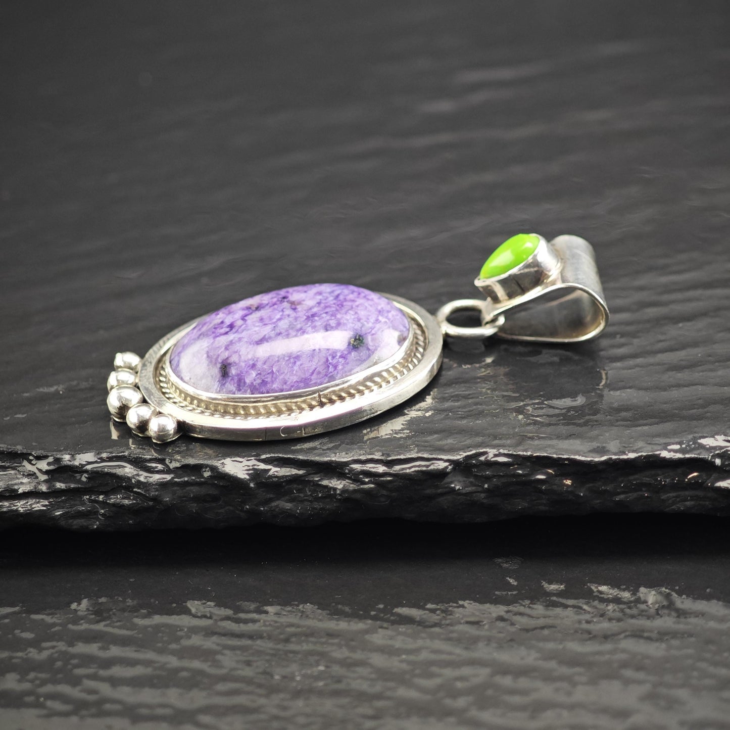 Vintage Running Bear Charoite Pendant Sterling Silver P3065
