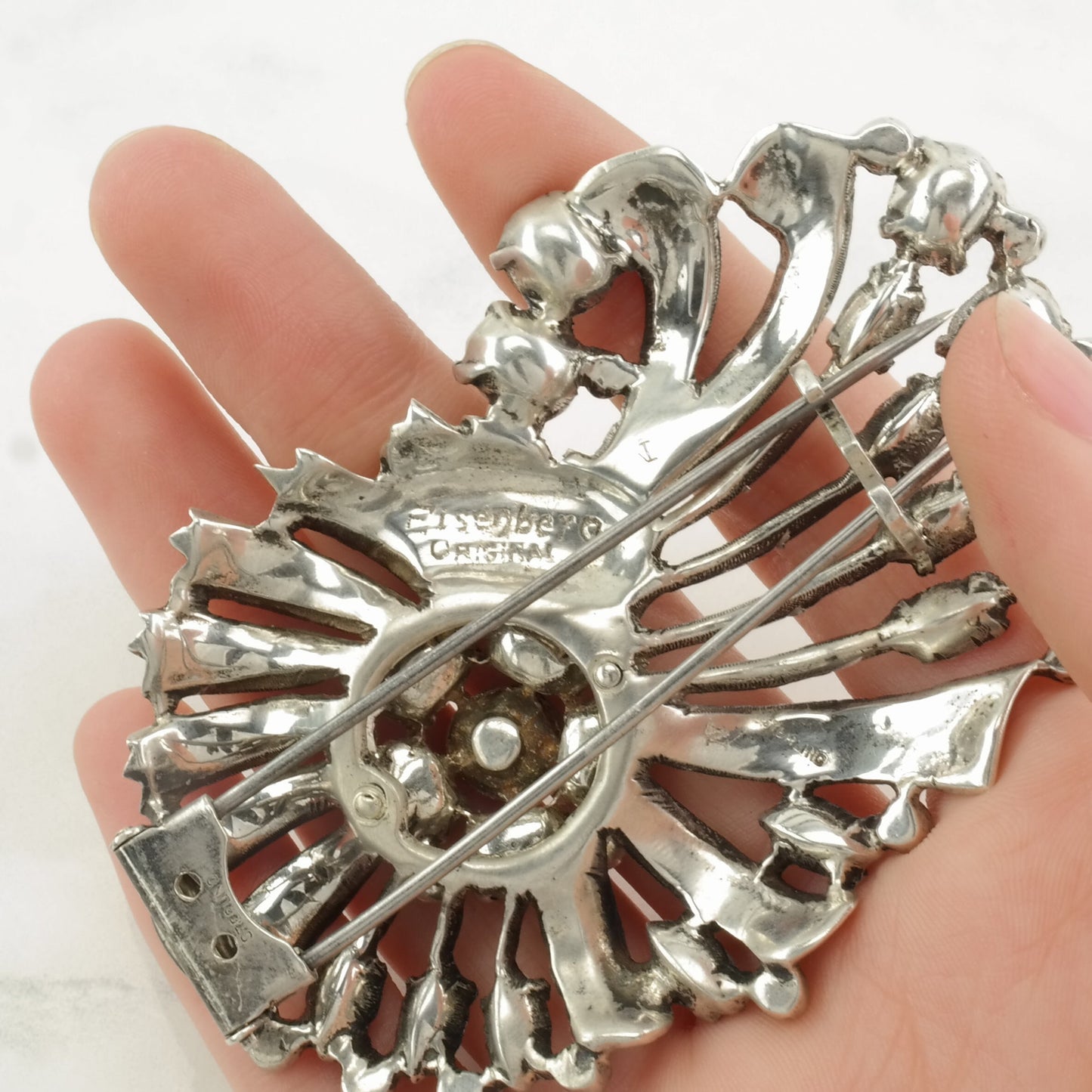 Eisenberg Original Missing Stones Sterling Silver Brooch Floral Rhinestone