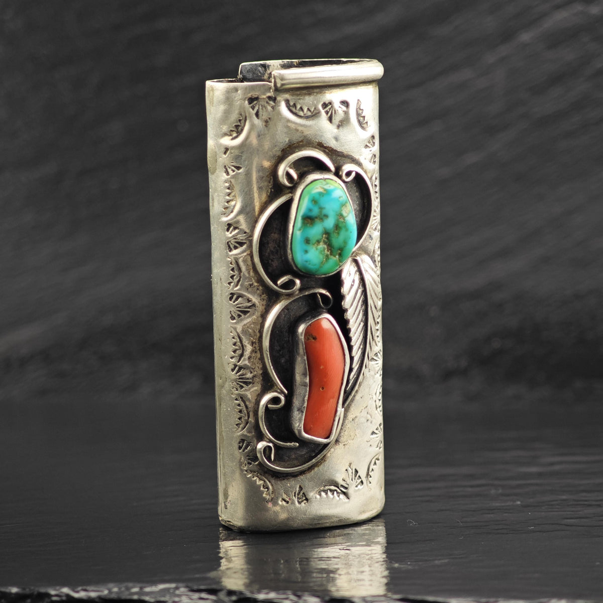 Native American Lighter Cover Turquoise Coral Feather Design Sterling Silver MISC0404