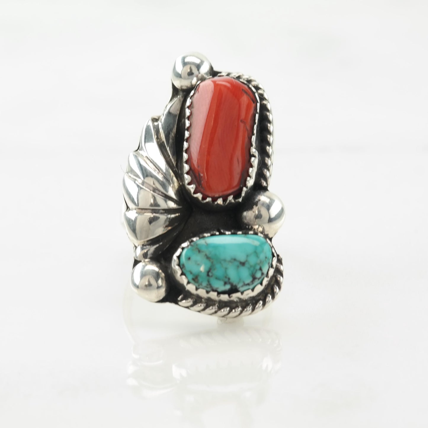 Native Silver Ring Turquoise, Coral Feather Sterling Blue, Red Sz3 3/4 R5545