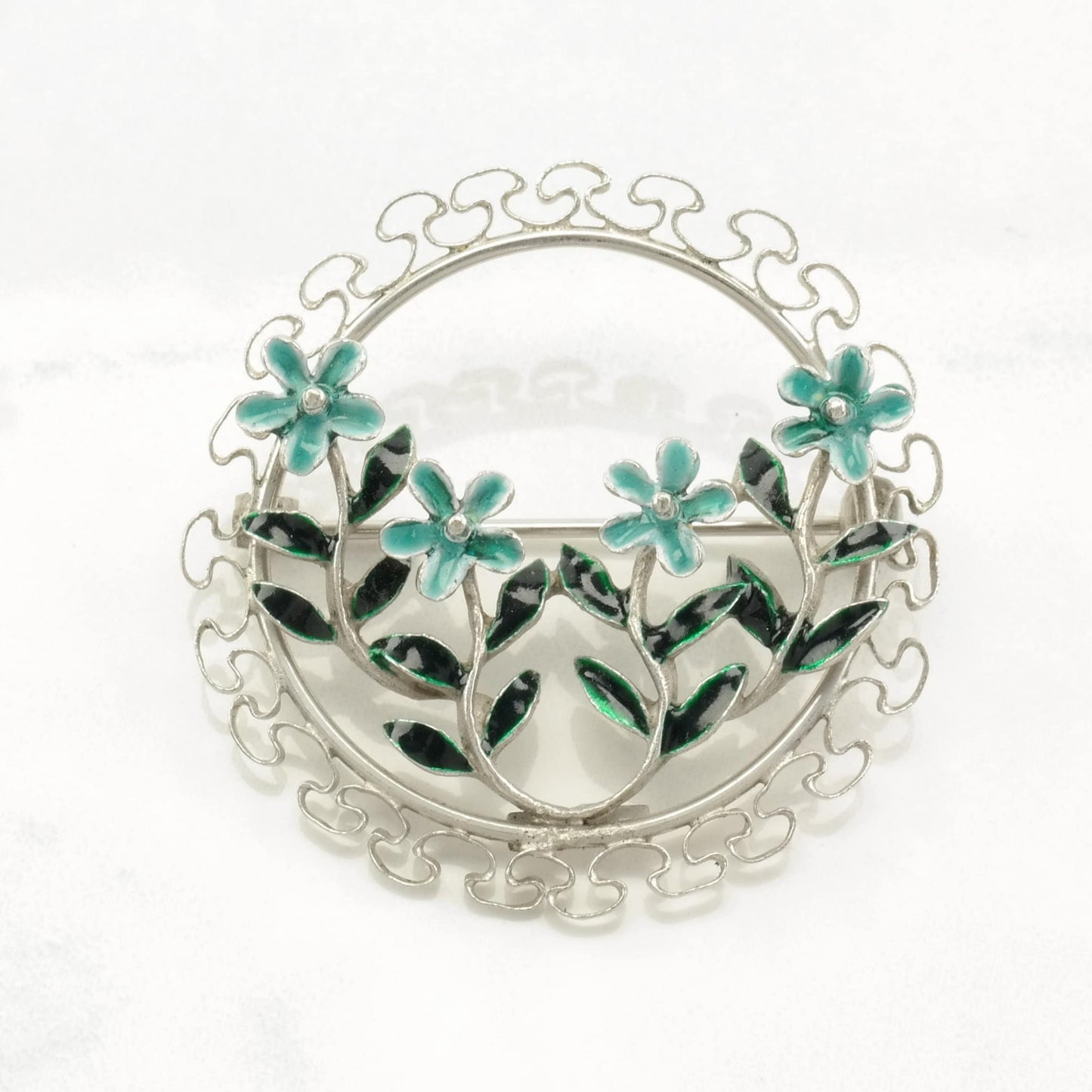 Silver Brooch Flower Wreath Enamel Sterling