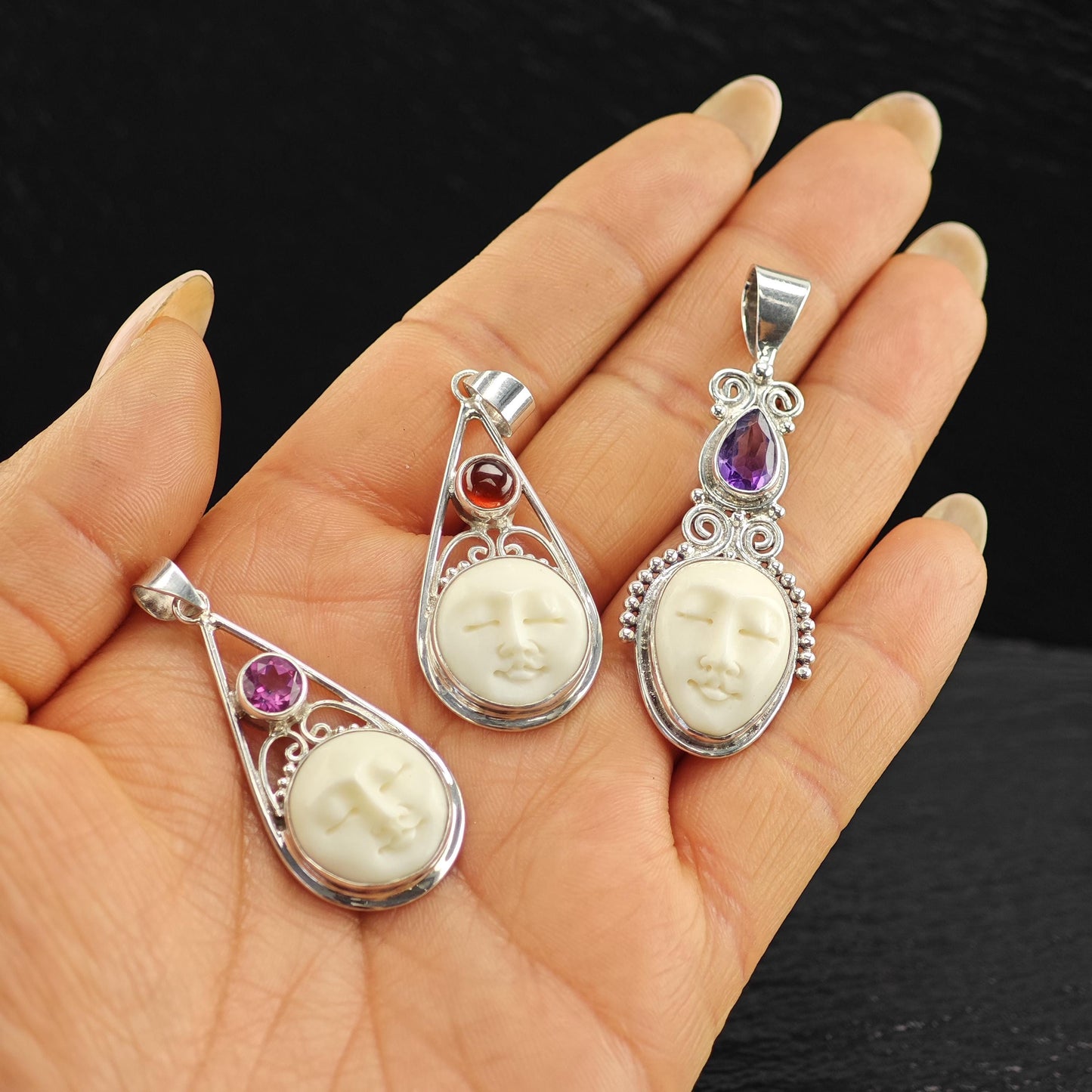 Choice of Bali Princess, Carved Face Pendant Sterling Silver
