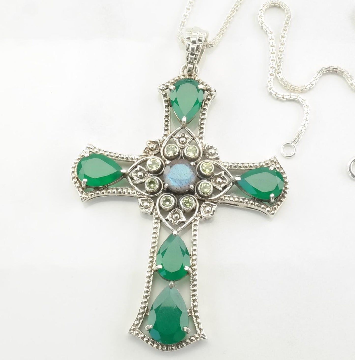 Vintage Nicky Buttler Sterling Silver Chrysoprase Peridot Labradorite Large Cross Necklace