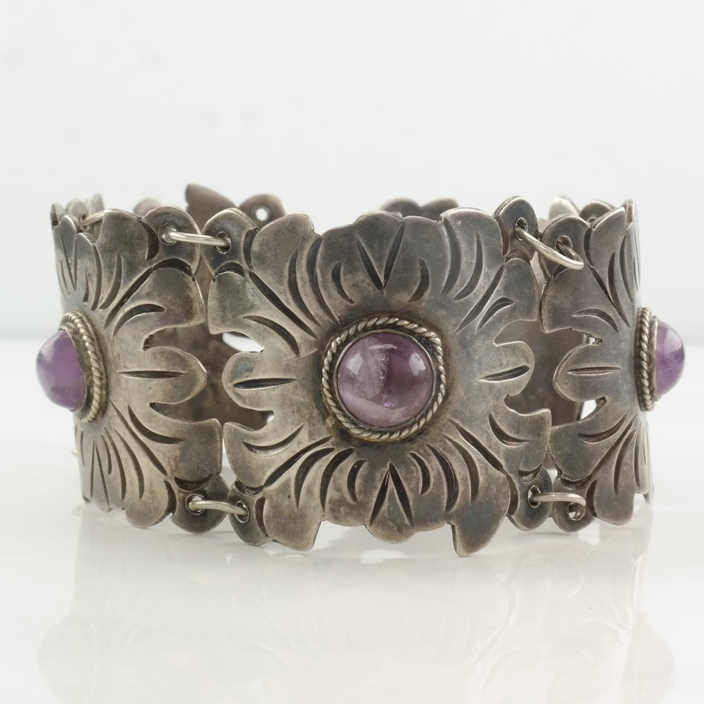 Pre Eagle, Taxco Sterling Silver Link Bracelet Amethyst